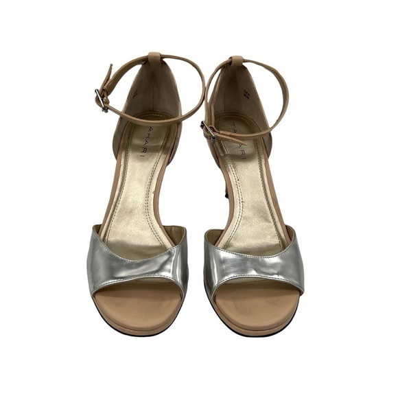 Tahari Silver Biscuit Leather GEA Heeled Open Toe Sandals Size 6 1/2 Women's - Picture 3 of 11